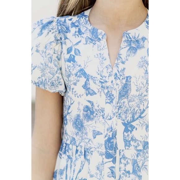entro Tops - Entro Blue Cream Toile Woodland Wildlife Print Puff Sleeve Top Boho Size Large